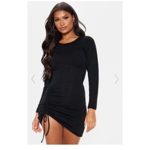 PRETTY LITTLE THING NWT Black Rib Asymmetric Ruching Detail Bodycon Dress Size 4